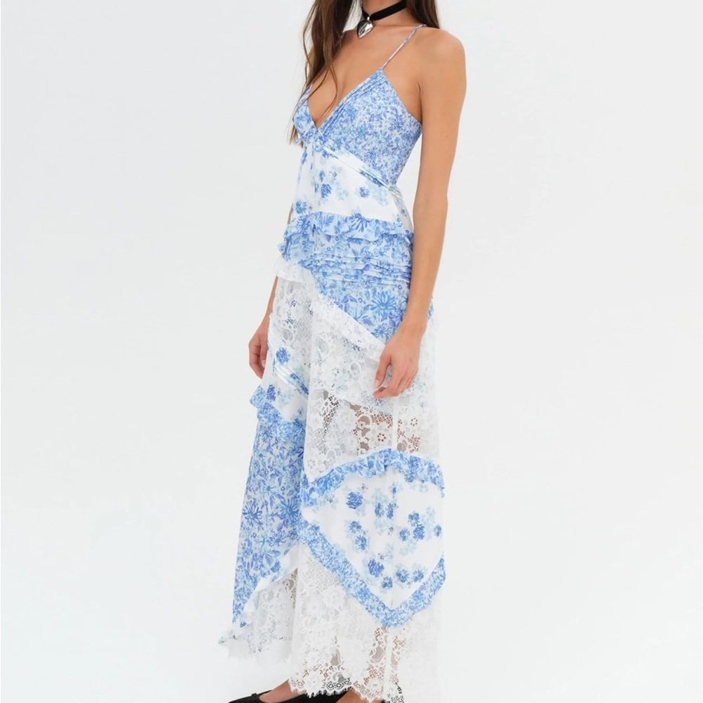 Floral Lace Maxi Dress in Blue and White